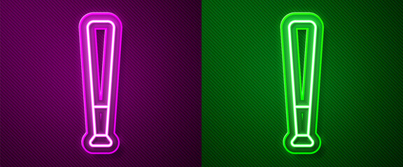 Glowing neon line Baseball bat icon isolated on purple and green background. Vector
