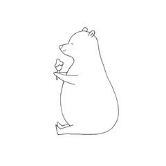 Funny bear eating popsicle ice cream on a stick. Gourmet. Sweet tooth. Vector hand-drawn doodle illustration. Silhouette. Black and white outline. Coloring.