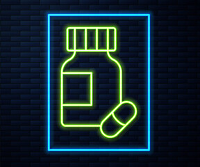 Glowing neon line Sedative pills icon isolated on brick wall background. Vector