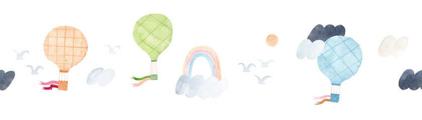 Cute pattern of balloons, rainbows, birds and clouds. Cute seamless pattern. Watercolor illustration. Horizontal repeating border.