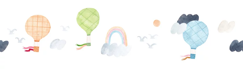 Niedliches Muster aus Luftballons, Regenbogen, Vögeln und Wolken. Nettes nahtloses Muster. Aquarell-Illustration. Horizontaler sich wiederholender Rand. © bukhavets