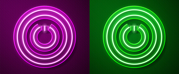 Glowing neon line Power button icon isolated on purple and green background. Start sign. Vector