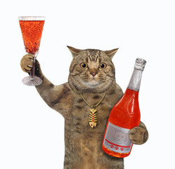 A beige cat holds a bottle of red wine and a full glass of wine. White background. Isolated.