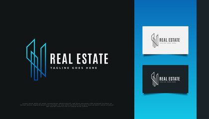 Blue Modern Real Estate Logo Design with Line Style. Construction, Architecture or Building Logo Design