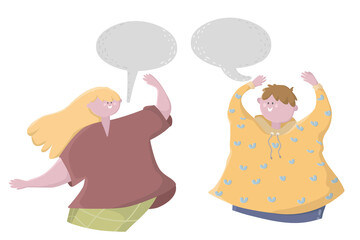 Young couple talking together. People communicating. Positive communication of multinational friends. People conversation with speech bubbles.