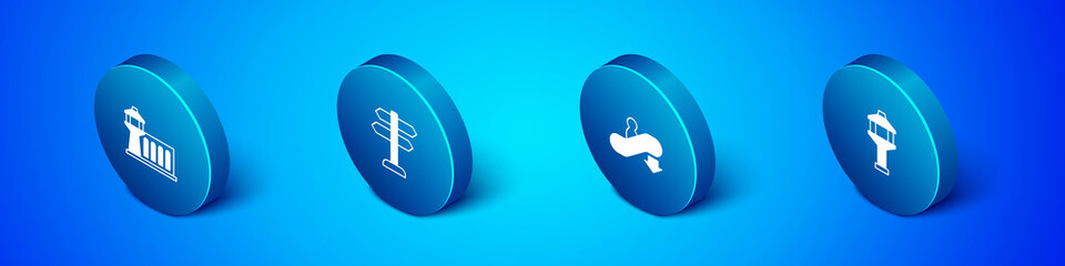 Set Isometric Airport control tower, Escalator down, and Road traffic sign icon. Vector