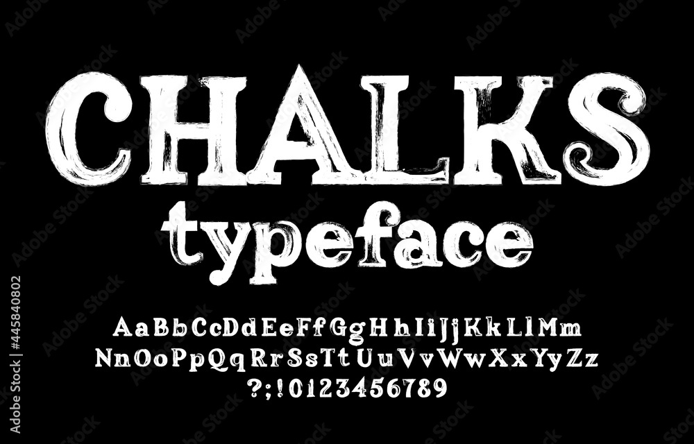 Poster chalks alphabet font. handwritten uppercase and lowercase letters, numbers and symbols. stock vector