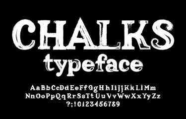 Chalks alphabet font. Handwritten uppercase and lowercase letters, numbers and symbols. Stock vector typeface for your typography design.