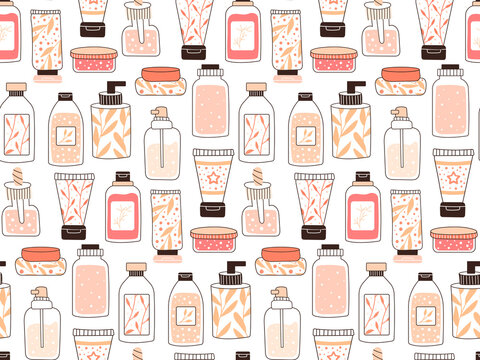 Seamless repeating pattern with cosmetics. A set of bottles and tubes, jars for skin care with face, hair and body cream. Fashion style for a postcard, banner, template for wrapping paper. Vector.