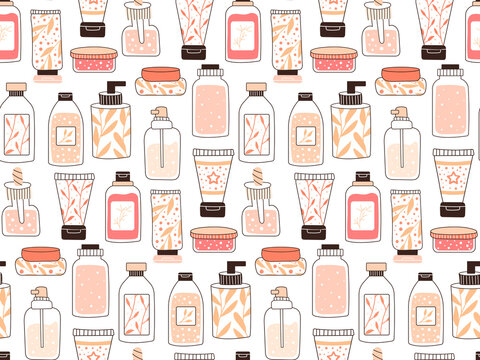 Premium Vector  Seamless repeating pattern with cosmetics a set of bottles  and tubes jars for skin care with face hair and body cream fashion style  for a postcard banner template for