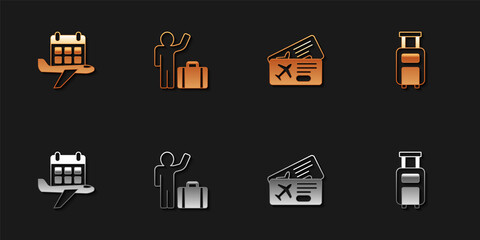 Set Calendar and airplane, Tourist with suitcase, Airline ticket and Suitcase icon. Vector
