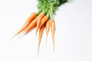 Bunch of fresh carrots on white table.
