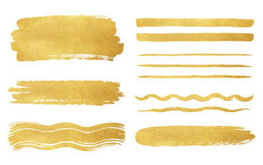 Golden foil artistic brush strokes, brushstroke shapes, smears, stripes, rough lines set. Hand drawn creative textured text backgrounds, gold painted graphic design elements. Frame, banner templates.