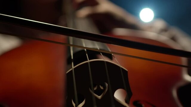 Bow and strings of cello on dark background, closeup, down view. Concept of playing an instrument and enjoying music. Macro
