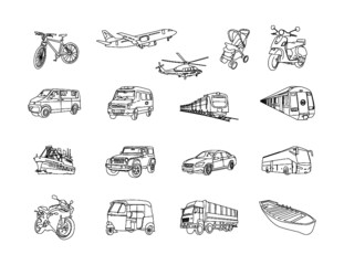 Vehicles line drawing clipart set, bicycle, aeroplane, pram, scooter, helicopter, van, ambulance, car, metro, motorcycle, auto riksha, truck, ship
