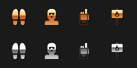 Set Footsteps, Thief mask, Walkie talkie and Protest icon. Vector