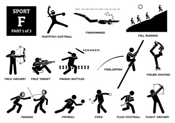 Sport games alphabet F vector icons pictogram. Fastpitch softball, finswimming, fell running, field archery flight, target, skittles, fierljeppen, figure skating, fencing, fistball, flag football.