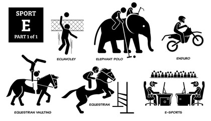 Obraz premium Sport games alphabet E vector icons pictogram. Ecuavoley, elephant polo, enduro, equestrian vaulting, equestrian, and E-sport.