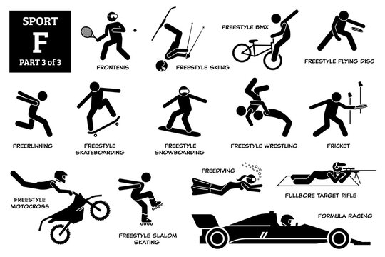 Sport games alphabet F vector icons pictogram. Frontenis, freestyle skiing, bmx, flying disc, freerunning, skateboarding, snowboarding, wrestling, motocross, slalom skating, freediving, formula racing