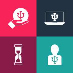 Set pop art Psychology, Psi, Old hourglass, Psychologist online and icon. Vector