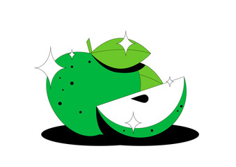 Green apple fruit. Сut slice and leaves of apple fruit isolated on white background. For packaging design, advertising, cover, print. Vector illustration.