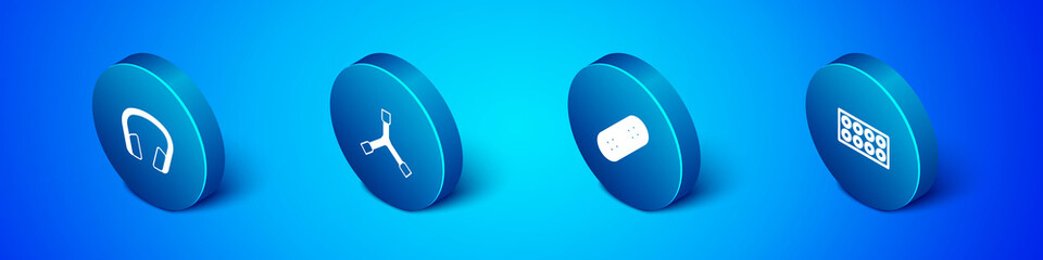 Set Isometric Headphones, Skateboard, wheel and Y-tool icon. Vector