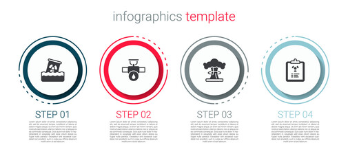 Set Radioactive waste in barrel, Industry pipe and valve, Nuclear explosion and Radiation warning document. Business infographic template. Vector