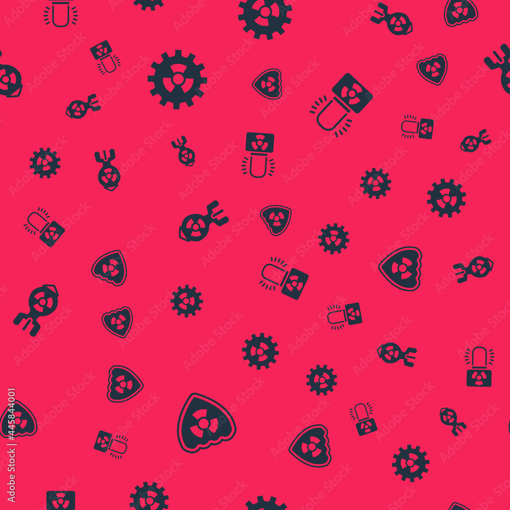 Poster set radioactive in shield, , nuclear bomb and warning lamp on seamless pattern. vector