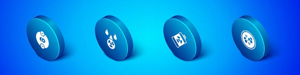 Set Isometric Atom, Nuclear energy battery, Molecule and Acid rain and radioactive cloud icon. Vector