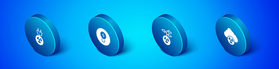 Set Isometric Radiation electrical plug, Radioactive, Acid rain and radioactive cloud and Light bulb with concept of idea icon. Vector