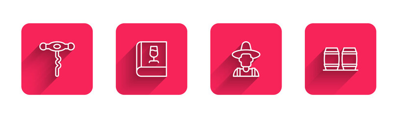 Set line Wine corkscrew, Book about wine, Farmer the hat and Wooden barrel for with long shadow. Red square button. Vector