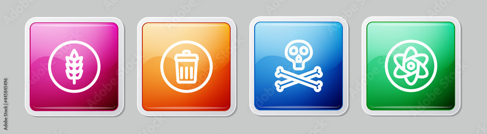 Poster set line wheat, trash can, bones and skull warning and test tube flask. colorful square button. vect
