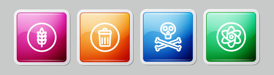 Set line Wheat, Trash can, Bones and skull warning and Test tube flask. Colorful square button. Vector