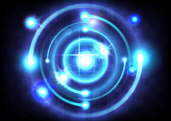 Abstract futuristic hi-tech background. Blue light effects on round placeholder. Sci-fi glowing sphere. Technology digital infographic