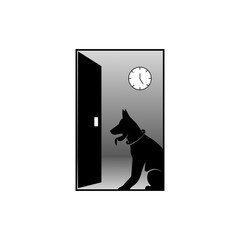 silhouette of a dog sitting in front of the door