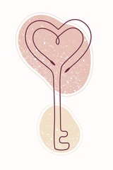 Single line drawing of love key with textured color spots. Vector hand drawn line art style. Textured background