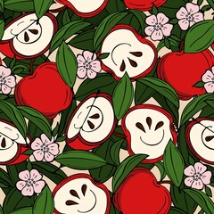 Seamless pattern with red apples, apple slices, apple blossom, green leaves. Densely arrangement of elements. Vector.
