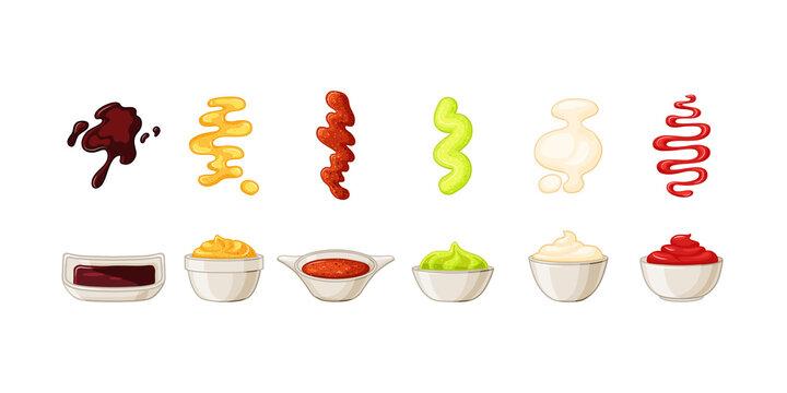 Bowls with sauces with ketchup, mayonnaise, wasabi, soy sauce set. A splash of sauce. Vector illustration in cartoon style