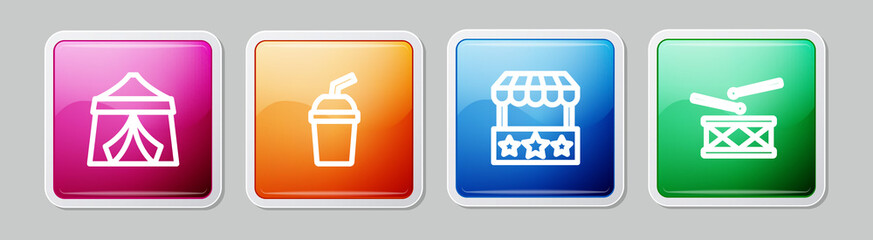 Set line Circus tent, Paper glass with water, Ticket box office and Drum drum sticks. Colorful square button. Vector