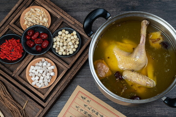 Traditional Chinese food，Stewed chicken soup with Chinese herbal medicine.