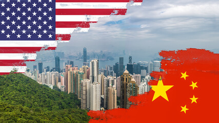 Skyline of hong kong with a painted effect on top of the flags of the united states and china.