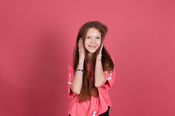 13 years old girl kid in casual isolated on terracotta background in happy cheerful mood smiling