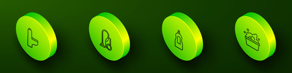 Set Isometric line Toilet bowl, Vacuum cleaner, Dishwashing liquid bottle and Basin with soap suds icon. Vector