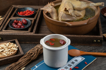 Traditional Chinese food，Stewed chicken soup with Chinese herbal medicine.