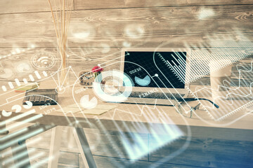 Double exposure of tech theme drawings and office interior background. Technology concept.