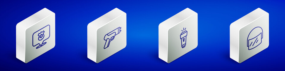Set Isometric line Police badge, electric shocker, Flashlight and helmet icon. Vector