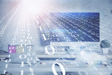 Fototapeta premium Multi exposure of data theme drawing and office interior background. Concept of technology.