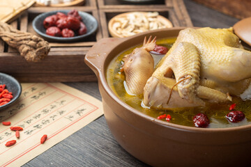 Traditional Chinese food，Stewed chicken soup with Chinese herbal medicine.