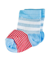 Children's  tiny striped socks, white, blue and red in the pattern. Isolated on a white background.