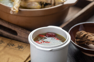Traditional Chinese food，Stewed chicken soup with Chinese herbal medicine.